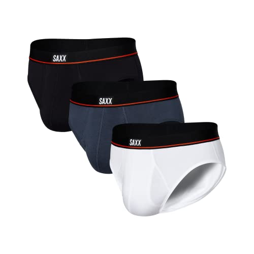 Saxx Men’s Underwear - Non-Stop Stretch Cotton Brief – Pack of 3 with Built-in Pouch Support and Fly, Underwear for Men - Black/Deep Navy/White - Medium