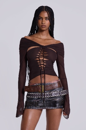 Bianca Macrame Off Shoulder Mesh Top | UK 12 / Brown