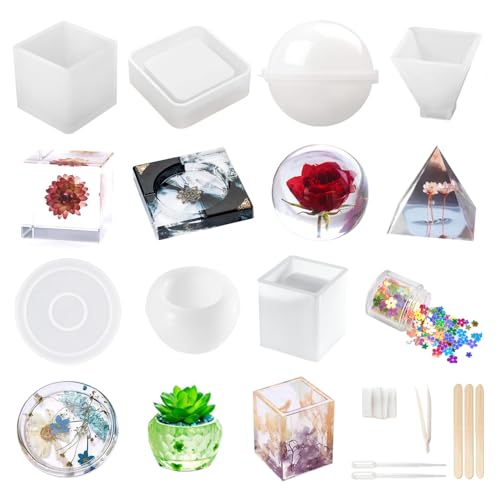Resin Molds Silicone Kit 20Pcs,Epoxy Resin Molds Including Sphere,Cube,Pyramid,Square,Round, Used for Create Art,DIY,Ash Trays,Coasters,Candles.Bonus Decorative Sequins and The Complete Set Tools - White