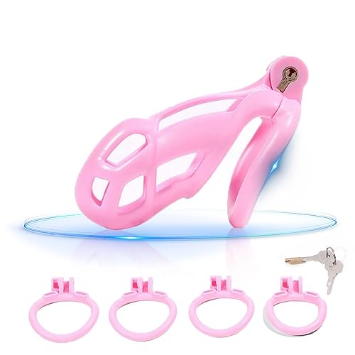 QgLust Belüftung Peniskäfig Keuschheitsgürtel Set mit 4 Cockringe Klein Keuschheit Keuschheitskäfig Mann Bondage Extrem für Männer Keuschheit Penis Käfig rosa(M) - M