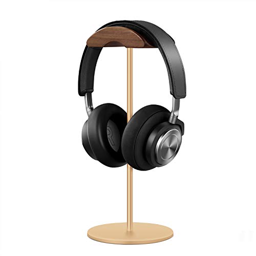 QinCoon Headphone Stand, Walnut Wood & Aluminum Headset Stand, Nature Walnut Gaming Headset Holder with Solid Heavy Base for All Headphone Sizes (Gold) - Gold