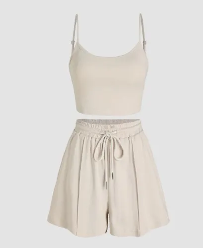 U-neckline Crop Cami Top & Drawstring Wide Leg Shorts Set