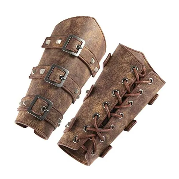 
                            HZMAN Adults Faux Leather Arm Guards - Medieval Belt Leather Buckle Bracers - One Size - Leather Armband Pair
                        