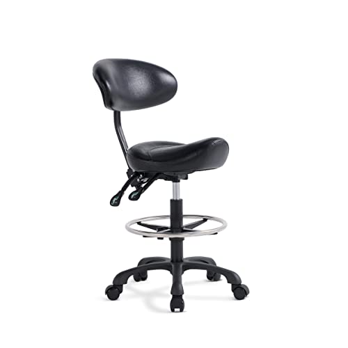 Lilfurni Swivel Rolling Stool Round Chair,Thick Sturdy Padding,Adjustable Stool with Wheels for Doctor,Medical,Massage Salon,Office,Shop(with New Back, Black) - Black - with back（22in-29in）