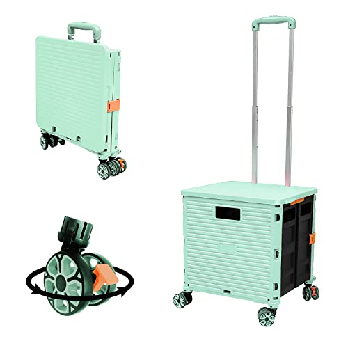 FELICON SELORSS Foldable Utility Cart Folding Portable Rolling Crate Handcart with Durable Heavy Duty Plastic Telescoping Handle Collapsible 4 Rotate Wheels for Travel Shop Move Luggage Office(Green - Green - BY06-4 Double Wheels