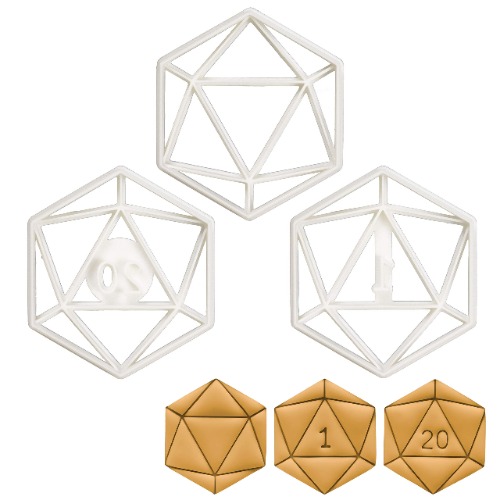 Set of 3 Cookie Cutters (Designs: Icosahedron, Natural 1, Natural 20), 3 pieces - Bakerlogy - 