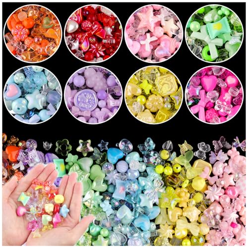 400PCS Mix Assorted Acrylic Beads for Bracelet Making, Flower Bow Butterfly Candy Star Heart Gummy Bear Kawaii Aesthetic Beads, Cute Beads for Jewelry Making DIY Necklace Keychain Phone Charms - 8 COLOR SERIES