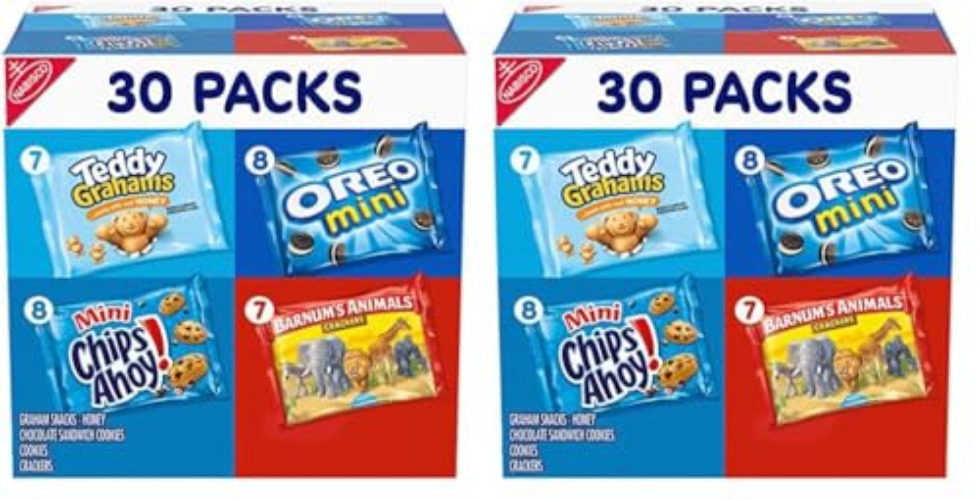 Nabisco Team Favorites Variety Pack, OREO Mini, CHIPS AHOY! Mini, Teddy Grahams Honey & Barnum's Animal Crackers, 30 Snack Packs (Pack of 2) - 1.88 Pound (Pack of 2)