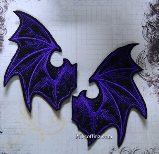 Purple Demon Devil Wings Iron On Embroidery Patch MTCoffinz - Pair - Choose Size