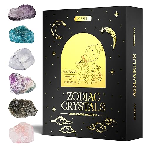 Wyspell Aquarius Crystal Set - 6 Raw Aquarius Crystals and Healing Stones - Aquarius Gifts for Women - Birthday Gifts for Women - Astrology Gifts for Women - Zodiac Crystal Set - Healing Gifts - Aquarius