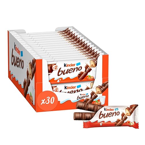 Kinder Bueno - Fine Gaufrette Enrobée de Chocolat au Lait avec un Coeur Lait et Noisettes - Goûter Fondant et Croustillant - Format à partager- 30 x 2 Barres (43g) - Bueno