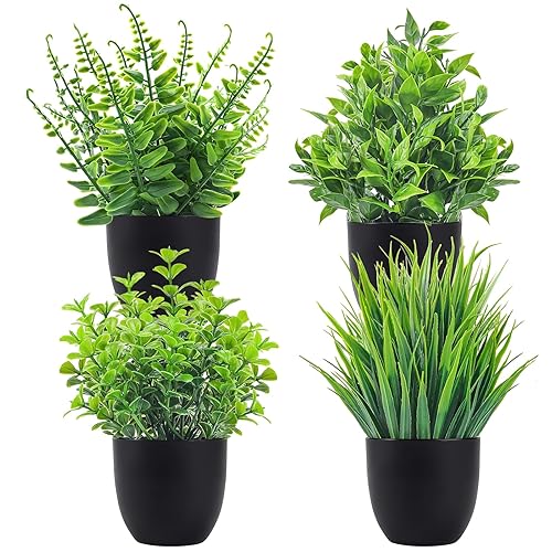 APOMOONS 4 Pièces Mini Plantes Artificielles Verdure Plastique Faux Plantes avec Pot pour Maison Salle de Bain Bureau Table Décoration