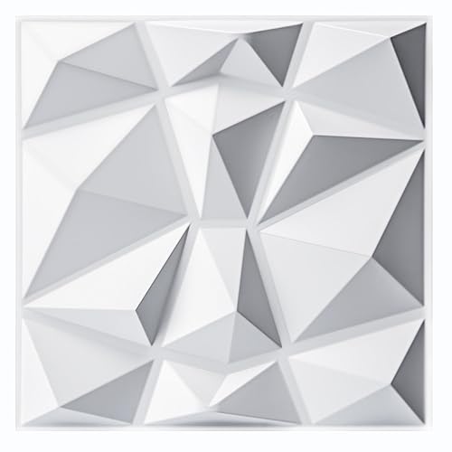 Art3d Lot de 33 panneaux muraux décoratifs 3D en forme de diamant, Blanc mat 30,5 x 30,5cm，en PVC incassable, recyclable, imperméable, sans ordeur, être peint - Blanc