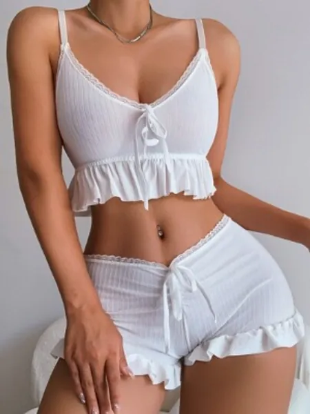 Ruffle Trim Tie Front Lingerie Set