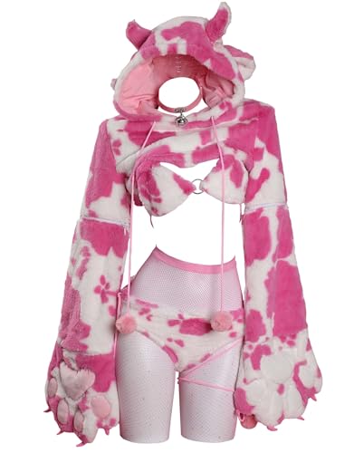 Mobbunny Women's Anime Cute Pajamas Set Cow Print Cosplay Lingerie Furry Paw Set Fuzzy Hoodie Top and Bra Panty Outfit - M - Pink
