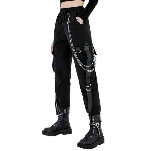 MEINVQIAOTI Black Cargo Pants for Women Techwear Women Loose Street Rock Style Casual Black Pants with Chain Goth Pants