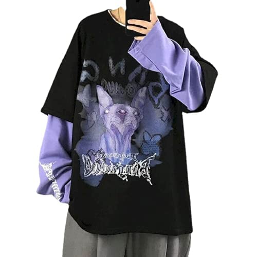 Goth Cat Shirt Gothic Shirt Fake Two-Piece Alternative Clothing Goth Cat Sweatershirt Grunge Clothes