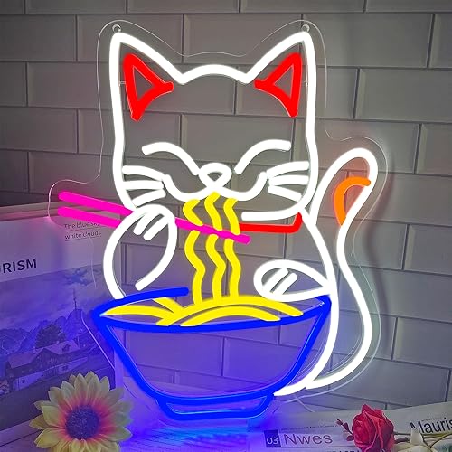 Fortune Cat Ramen Neon Sign, Dimmable Japanese Lucky Cat Noodle Ramen Led Neon Signs for Wall Decor Resturant Home Bar Kitchen Dinning Room Wall Art Decor Gifts(15.7 * 12.7in) - Fortune Cat Ramen