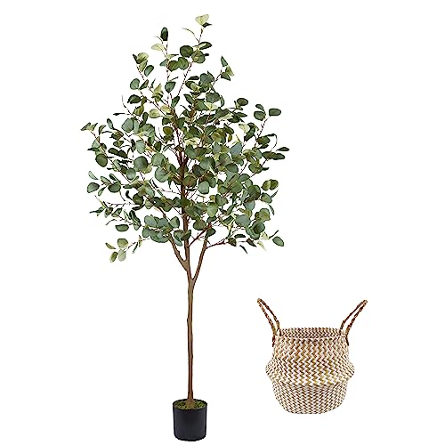 Warmplants Artificial Eucalyptus Tree, 6ft Tall Fake Eucalyptus Plant with Basket, Green Silver Dollars Silk Leaves Faux Tree for Home Office Livingroom Floor Decor Indoor - 6ft