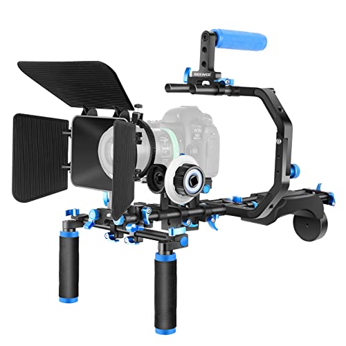 Neewer Shoulder Rig Kit for DSLR Cameras and Camcorders, Movie Video Film Making System with Matte Box, Follow Focus, C-Shaped Bracket, 15mm Rods, Handgrip, 1/4” & 3/8” Threads (Blue + Black) - black