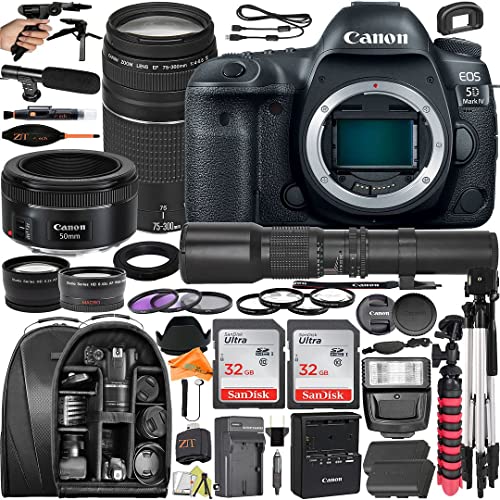 Canon EOS 5D Mark IV Full Frame DSLR Camera with EF 75-300mm + 50mm STM + 500mm Preset Telephoto Lens + SanDisk 32GB Memory Card + Backpack + ZeeTech Accessories Bundle - 32GB Card