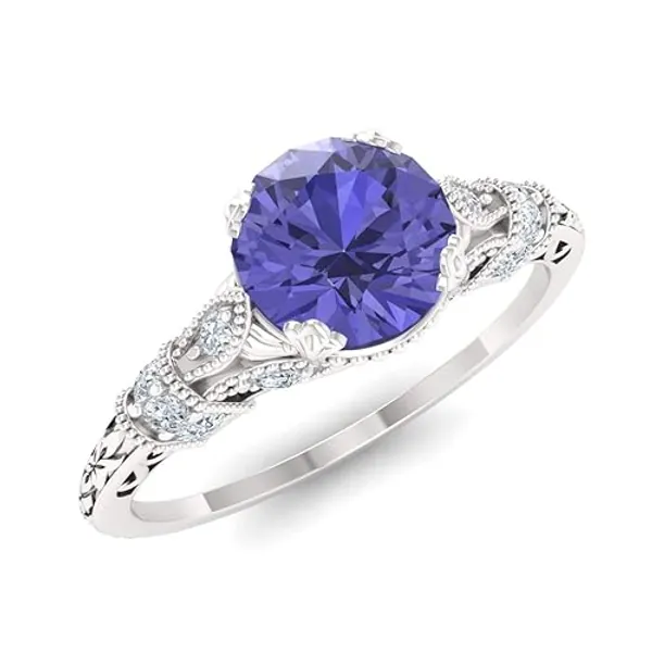 Diamondere Natural and Certified Diamond and Gemstone Engagement Ring in 14K White Gold, 1.06 Carat Art Deco Engagement Ring for Women - 6 - 14K White Gold - Tanzanite