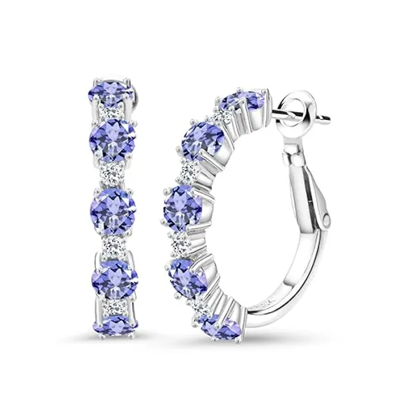 Gem Stone King 3.32 Cttw Blue Tanzanite and White Topaz Hoop Earrings For Women | 925 Sterling Silver | Round 4MM and 1.9MM | Gemstone Birthstone | 1 Inch Diameter