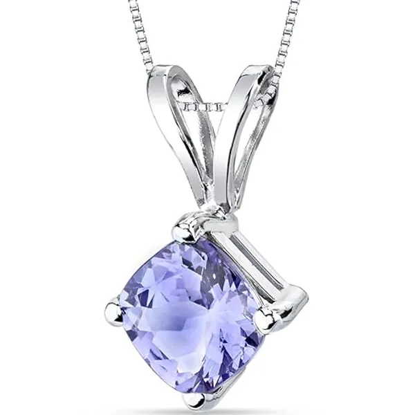 PEORA 14K White Gold Tanzanite Pendant for Women, Genuine Gemstone Classic Solitaire, 1 Carat Cushion Cut, 6mm, AAA Grade, Real Tanzanite Gold Necklace, Gift Idea Set, w/Jewelry Box