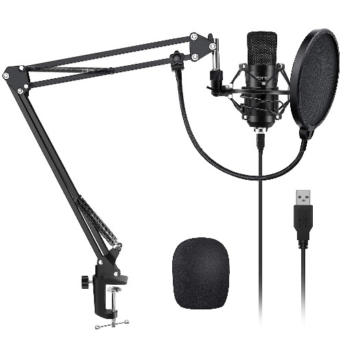 YOTTO USB-mikrofon kardioid kondensatormikrofon 192 KHz/24 bit Plug and Play professionell studio podcast-mikrofon med justerbart mikrofonstativ, fjädrande bomarm, popfilter, stötdämpning.