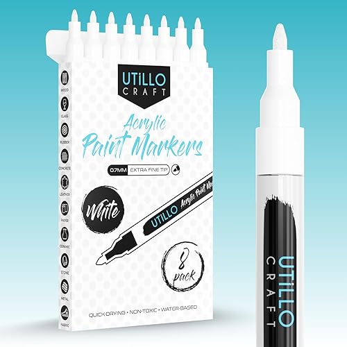 White Paint Marker (8-Pack) 0.7mm Extra Fine Tip Made in Japan | Bold Color+100% Coverage | For Rock, Wood, Glass, Paper, Fabric, Canvas, Metal and More! | White Paint Pens | White Acrylic Paint Pens - White, X-FINE Tip (0.7mm)