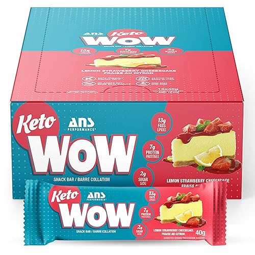 ANS Performance KetoWow Bars - Low Carb Protein Bars - Keto-Friendly - 3g Net Carbs & 1g Sugar - Gluten Free - Naturally Sweetened Nutrition Bars - Lemon Strawberry Cheesecake, 12 x 40g Bars Per Box - Lemon Strawberry Cheesecake
