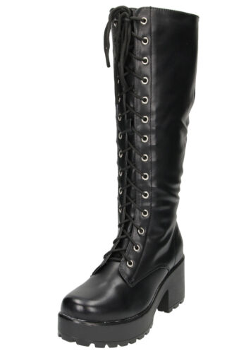 Black Chunky Heel Platform Gothic Punk Knee High Mid Combat Lace Up Boots  | eBay