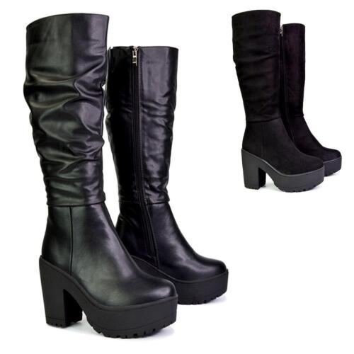 Womens Platform Knee High Boots Ladies Chunky Block Heel Zip Goth Biker Size 3-8  | eBay