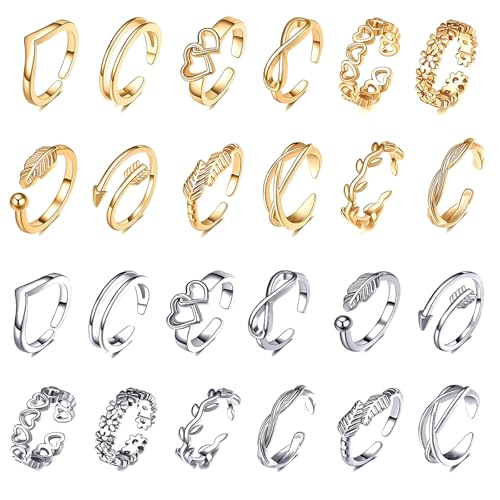 24Pcs Adjustable Toe Rings for Women Adjustable Open Toe Rings Set for Women Gold Silver Plated Toe Rings Women's Knuckle Ring Arrow Knot Star Moon Foot Ring Set Toe Rings for Beach, Various Parties