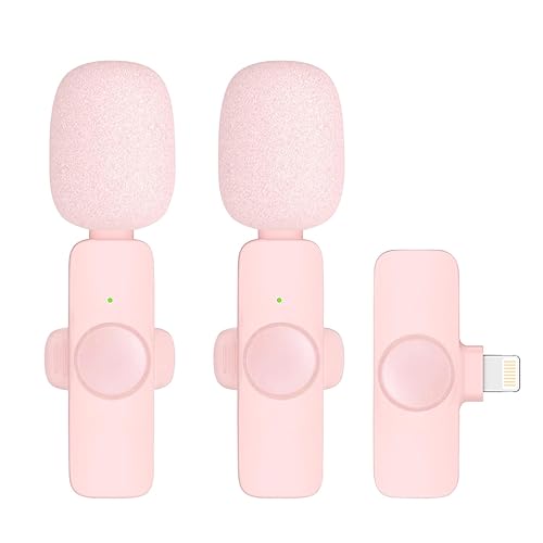 2 Pack Professional Wireless Lavalier Microphone for iPhone iPad, Lapel Mics Plug-Play Clip on Lapel Mic for YouTube, Recording, Vlog, Facebook Live TikTok - Only for iPhone/ iPad - Pink-2Mic