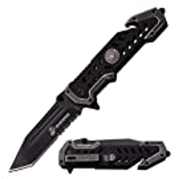 USMC Marine Tactical Folding Pocket Knife G10 Handle Sharp Tanto Blade Spring Assisted Military Knives EGA Elite Survival Semper Fi (Black)