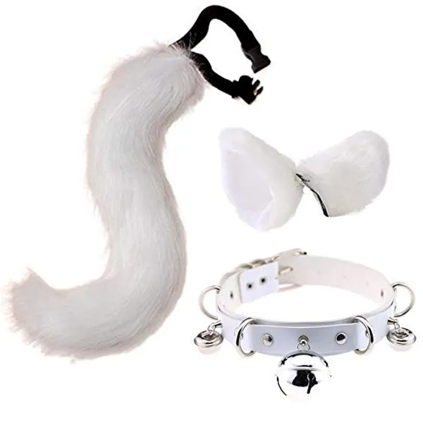 LittleLuluda Faux Fur Cat Ears Hair Clip Furry Wolf Fox Long Tail Costume Halloween Party Neck Chocker Cosplay Set (White)