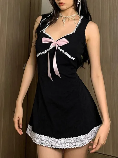 Black Bow Lace Trim A-Line Dress - Black / S