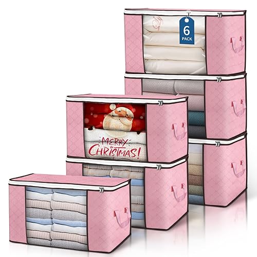 90 L Large Storage Bags, 6 Pack Clothes Storage Bins Foldable Closet Organizer Storage Containers Storage and Organization for Blanket, Comforters, Bed Sheets, Pillows (Pink) - Pink - 6 Pack
