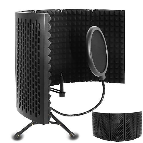 Microphone Isolation Shield with Pop Filter, 5-Fold Foldable Mic Isolation Shield with Tripod Stand Suitable for Blue Yeti and Any Condenser Microphone Recording Equipment, Triple Sound Insulation