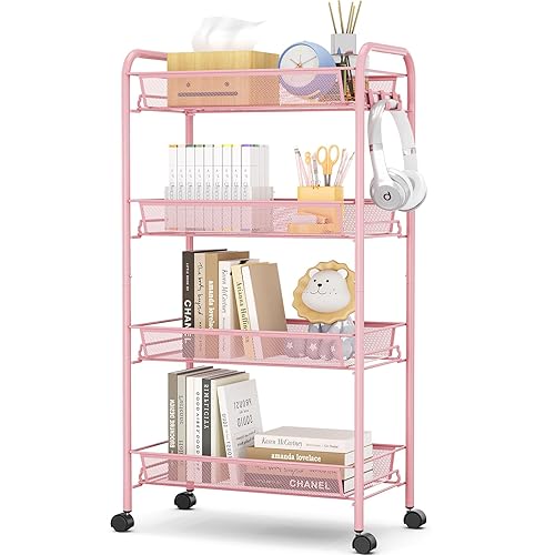 TOOLF 4-Tier Rolling Cart, Metal Utility Cart with 3 Hooks, Easy Assemble Mobile Storage Trolley On Wheels, Metal Shelving Units Kitchen Bathroom Laundry Room - Pink - Standard 4-Tier