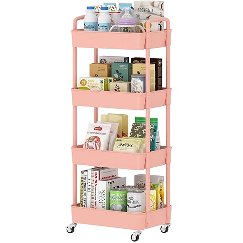 Sywhitta 4-Tier Plastic Rolling Utility Cart with Handle, Multi-Functional Storage Trolley for Office, Living Room, Kitchen, Movable Storage Organizer with Wheels, Pink - 4-tier - Pink