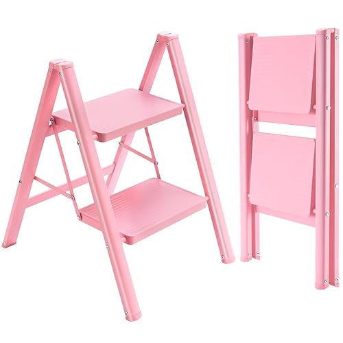 GPUSFAK 2 Step Ladder, Multi-Purpose Sturdy Lightweight Portable Folding Step Stool with Wide Anti-Slip Pedals, 500lbs Capacity Household and Kitchen Stepladders(Pink) - 2-Step - Pink
