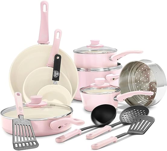 GreenLife Soft Grip 16 Piece Cookware Set, Non-Toxic PFAS-Free Ceramic Nonstick, Frying, Sauce, Saute, Utensils, Glass Lids, Stay-Cool Handles, Wobble Free, Dishwasher & Oven Safe, Soft Pink - 16 Piece Cookware Set - Soft Pink