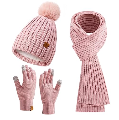 Coolprince Womens Long Scarf Gloves and Hat Set Cold Weather Hat Scarf Glove Set for Women Winter Beanie Hats with Pom Pom - Pink - One Size