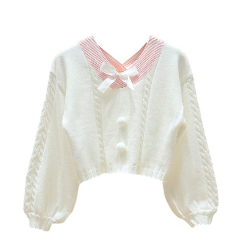 FindThy Women's Y2K Pullover Sweater Sweet Lantern Sleeve Bowtie Knit Crop Jumper Tops - White - One Size