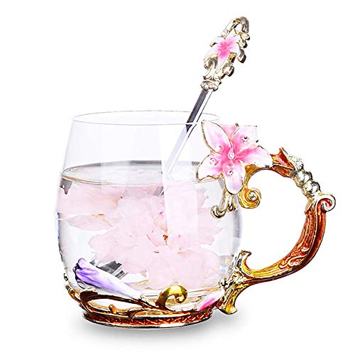 Goodking Flower Glass Coffee Mug Tea Cup with Spoon, Best Birthday, Christmas, Valentine's Day, Mothers Day Gifts for Women Wife Mom Friends - Pink Lily Flower