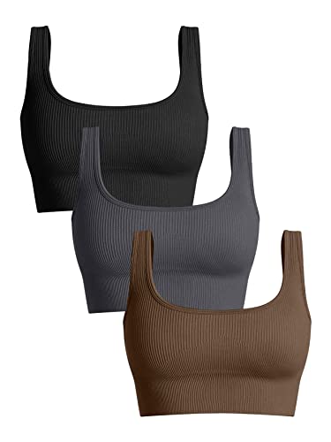 OQQ Women's 3 Piece Medium Support Tank Top Ribbed Seamless Removable Cups Workout Exercise Sport Bra - Black Darkgrey Coffee - Small