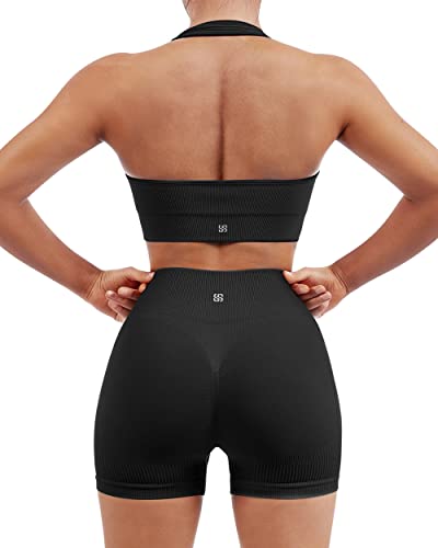 SUUKSESS Women Seamless Ribbed Workout Set Backless Sports Bra Booty Biker Short - Halter&Short - Small - Black