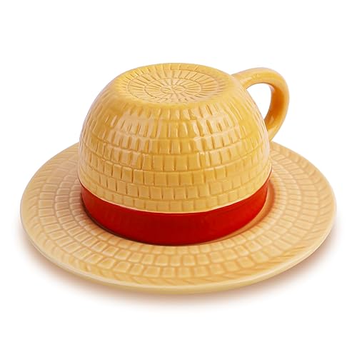 HACOCOLA Anime Ceramic One Piece Coffee Mugs Merch, Luffy Straw Hat Manga Milk Tea Cup Collection Gift Set for Anime Lovers (Luffy) - Yellow